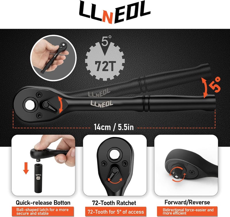 LLNEDL 1/4 inch Drive Socket Set & Nut Driver Set 44PCS, Metric Sockets Deep&Shallow (4-15mm) with Ratchet, 6" Magnetic Nut Drivers with 1/4" Hex Shank(6-14mm), Drill Bits (PH1/PH2) - Image 5
